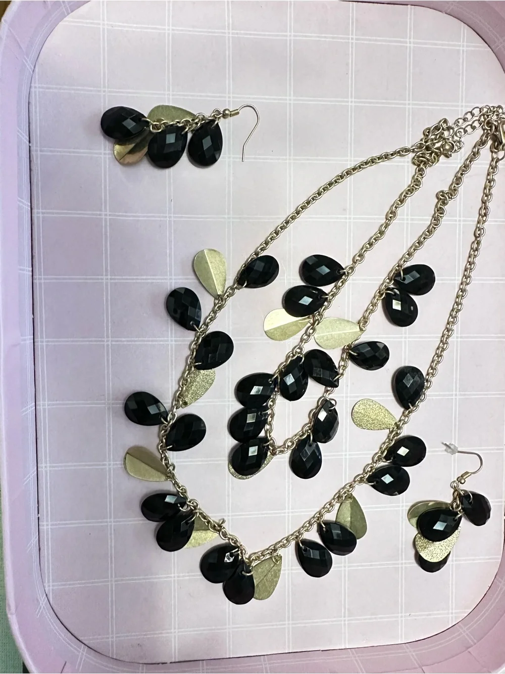Gold Chain Necklace and Earring Set with Black Faceted Teardrops